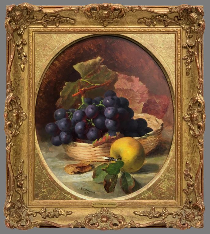 Eloise Harriet Stannard - A basket of black grapes and an apple; Raspberries and peaches on a table | MasterArt